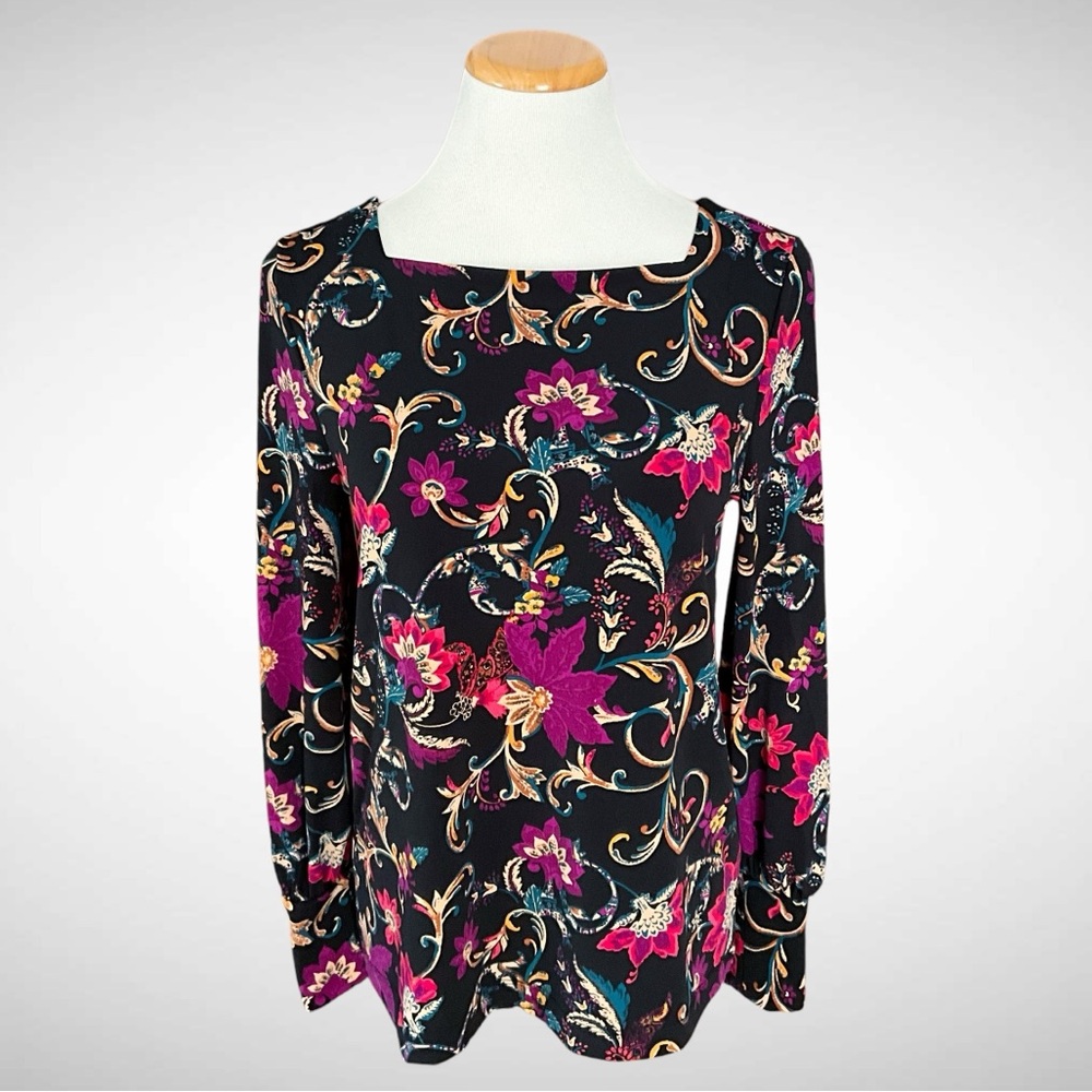 Chico’s Floral Paisley Square Neck Top Long Sleeves
